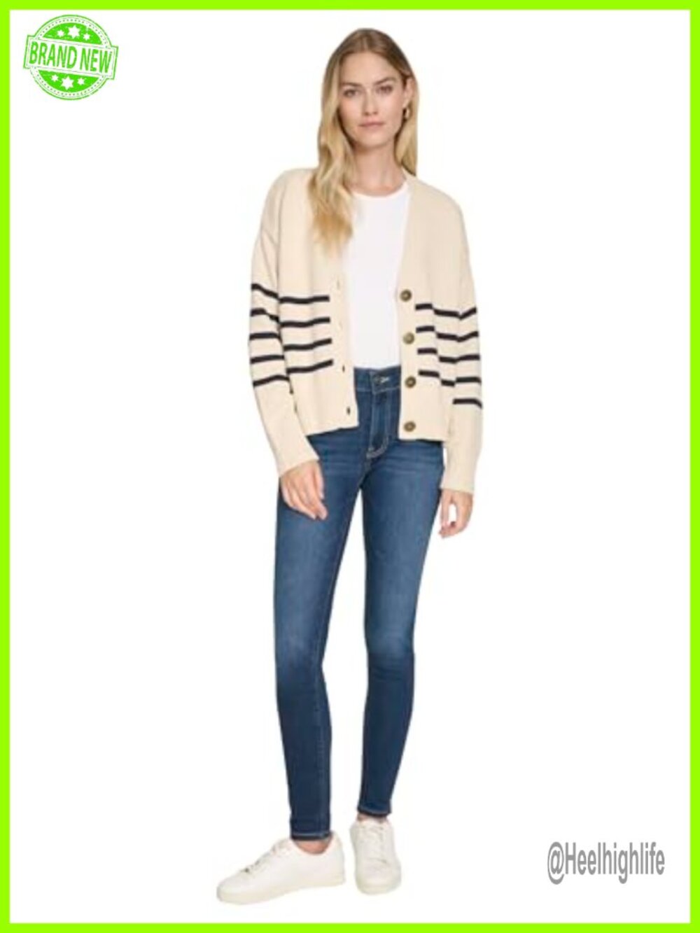 Long Sleeve V-Neck Striped Cotton Cardigan Sweater - Picture 1 of 6